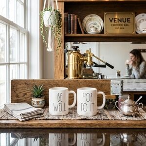 Rae Dunn White Ceramic Mug Duo with Black Lettering - "Be Well" & "Hop To It"